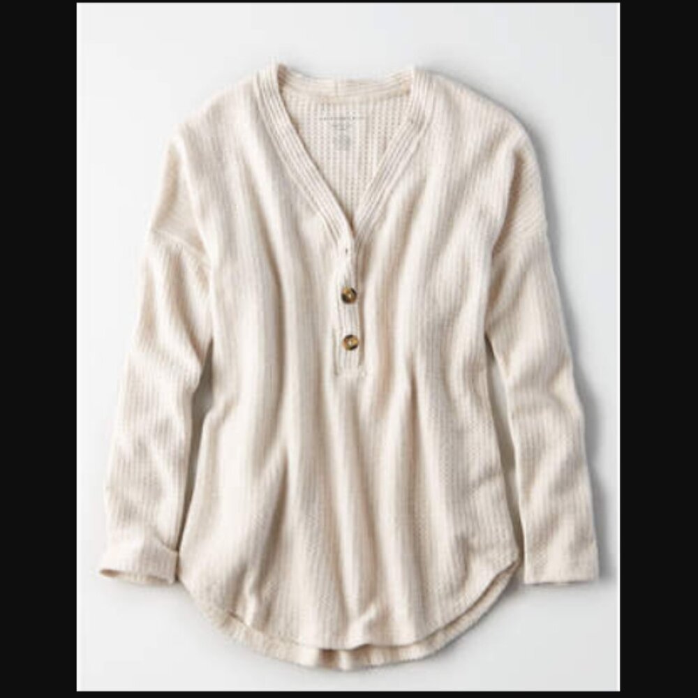 American Eagle Soft & Sexy Plush Waffle Henley Long Sleeve Top Size L
